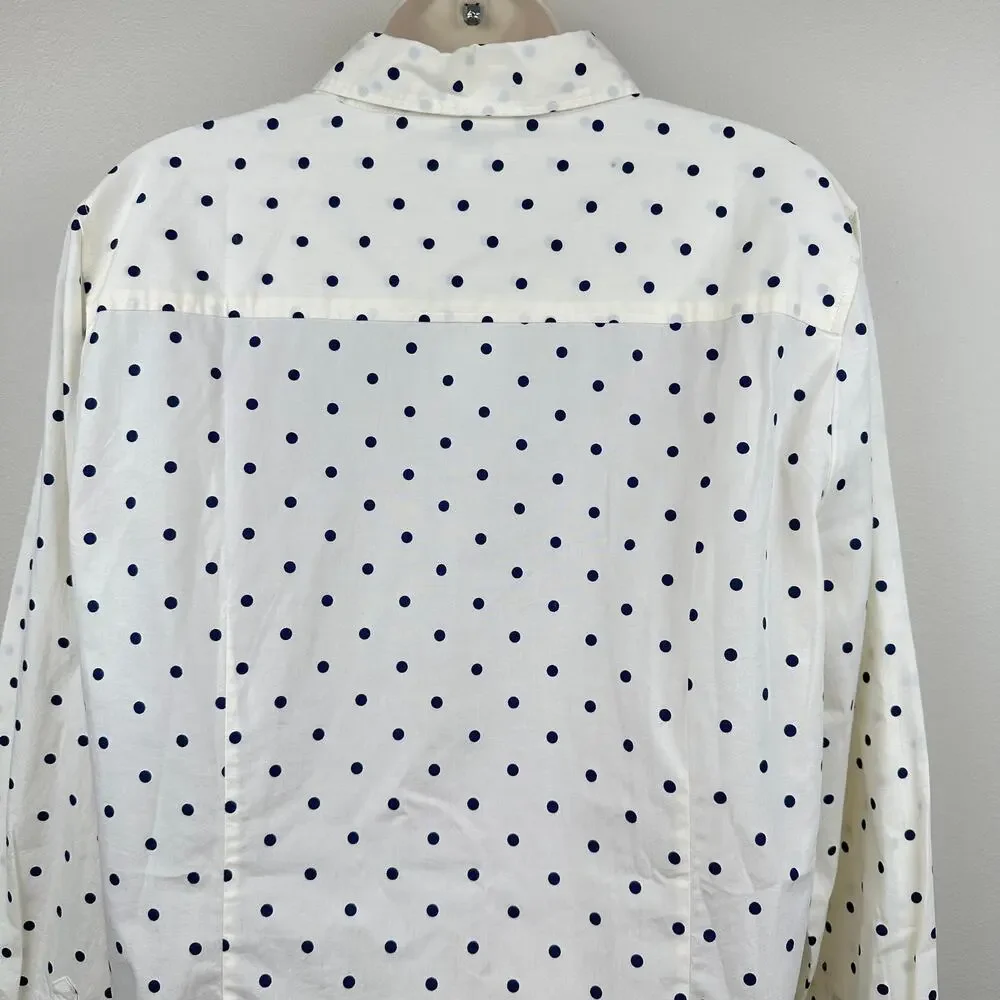 NEW J. Crew Blouse Top Button Front Polka Dot Cream Navy Large Preppy Office